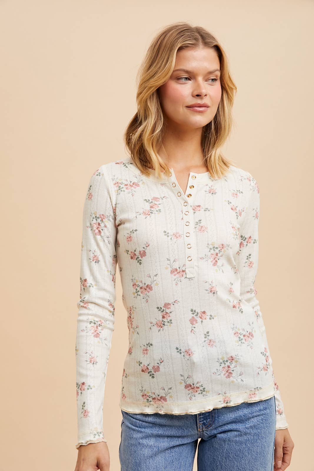 The Liz Floral Snap Down Long Sleeve Top | Dusty Rose | Sizes S-L