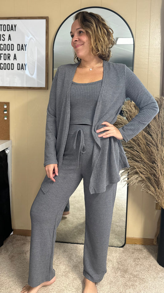 The Shelby Cozy Thermal Tank, Pant & Cardigan Set