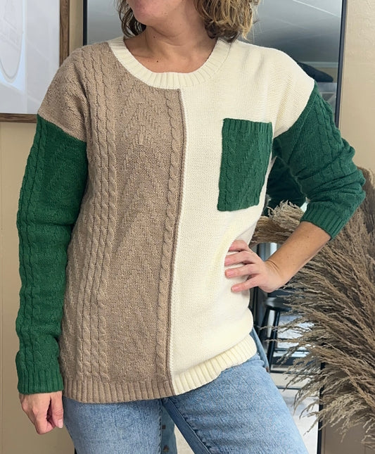 The Olivia Pocket Drop Sweater | Green & Beige