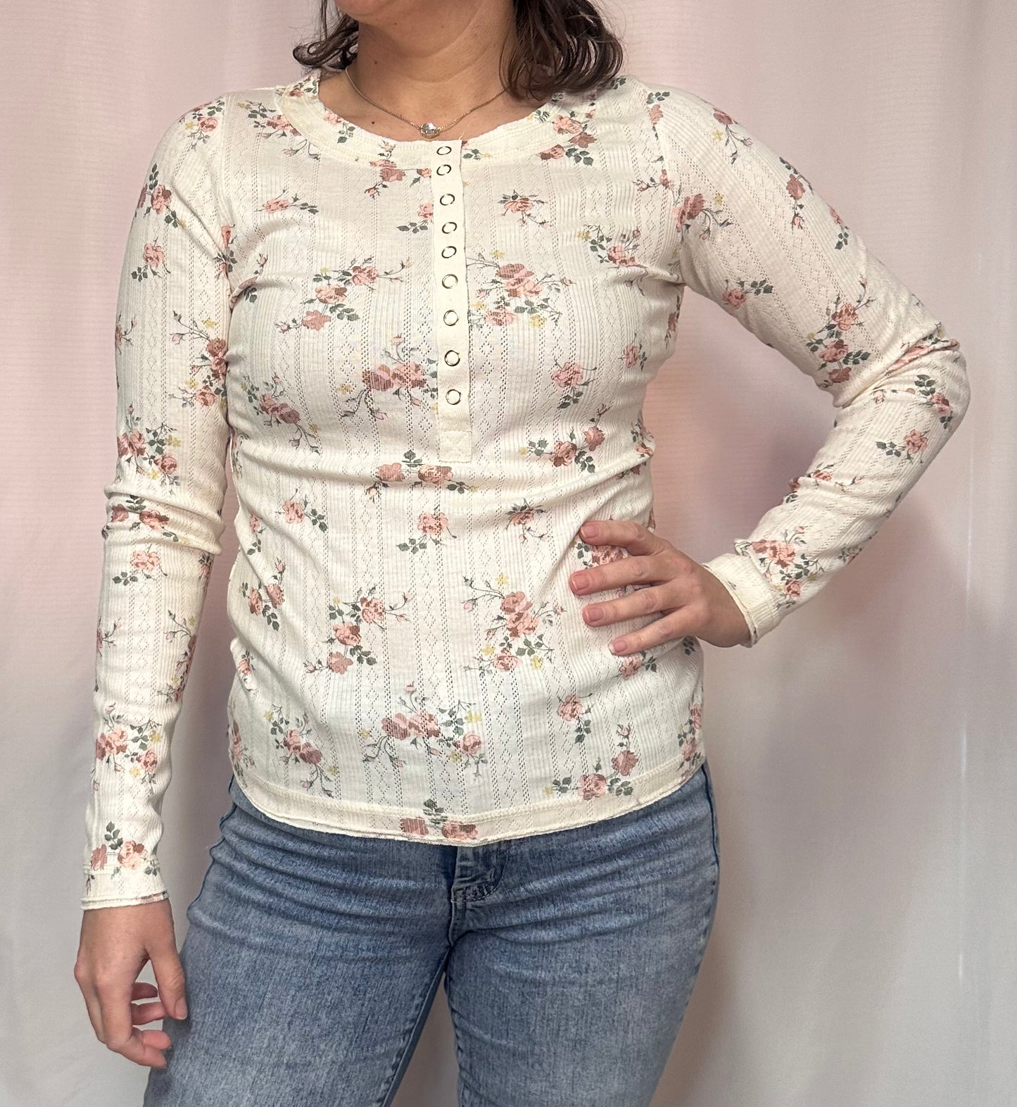 The Liz Floral Snap Down Long Sleeve Top | Dusty Rose | Sizes S-L