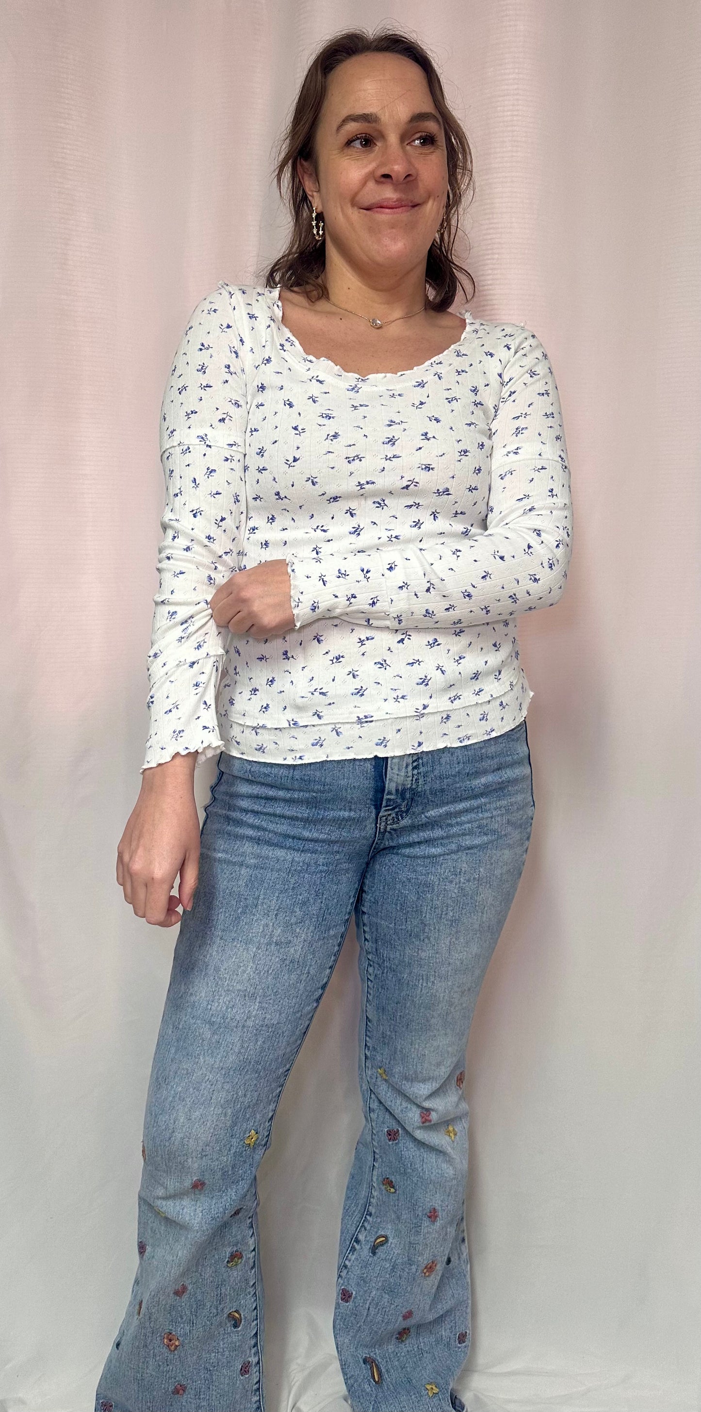 The Baylee Floral Cotton Long Sleeve Top | Blue Floral | Sizes S-L