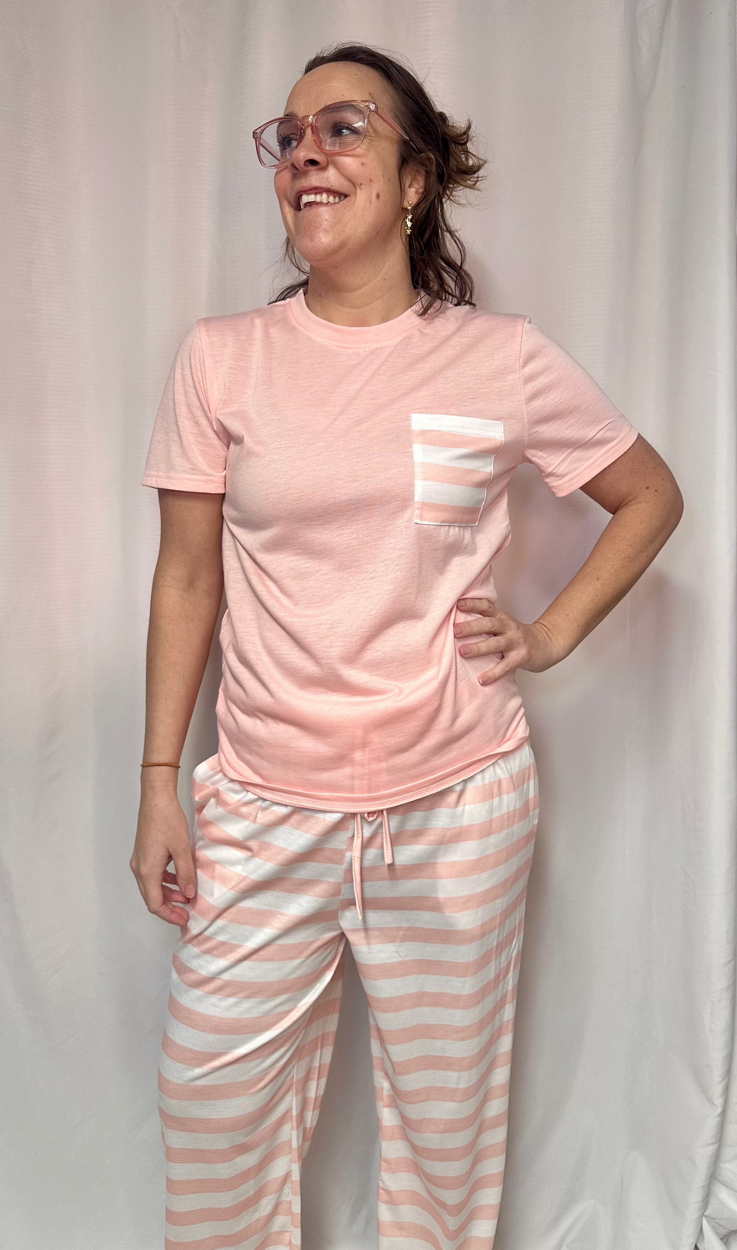 The Abby Short Sleeved Top with Striped Printed Drawstring Pants Set | Pink | Sizes S-ZXL