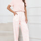 The Abby Short Sleeved Top with Striped Printed Drawstring Pants Set | Pink | Sizes S-ZXL