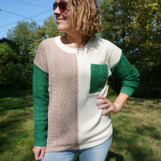 The Olivia Pocket Drop Sweater | Green & Beige